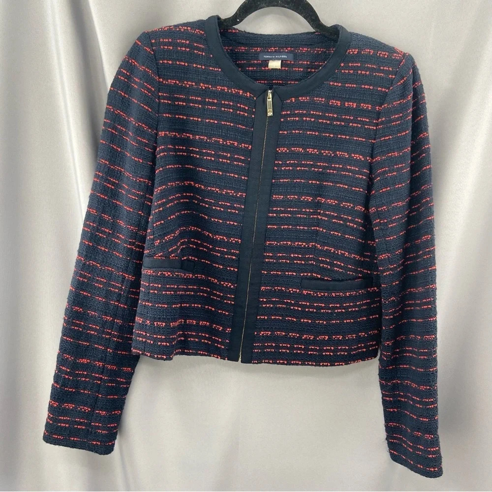 Tommy Hilfiger Zip Front‎ Tweed Blazer Jacket Blue Red Front Pockets Size 6